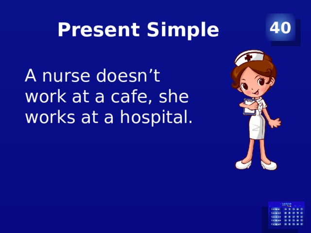 Present Simple 40 A nurse doesn’t work at a cafe, she works at a hospital. 