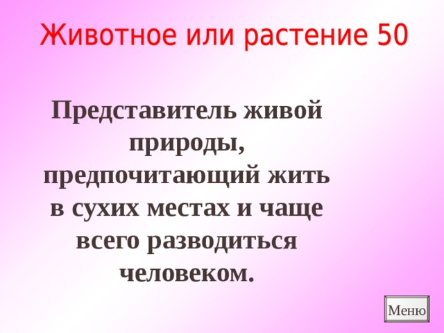 Представитель живой природы, предпочитающий жить в сухих местах и чаще всего разводиться человеком. Меню