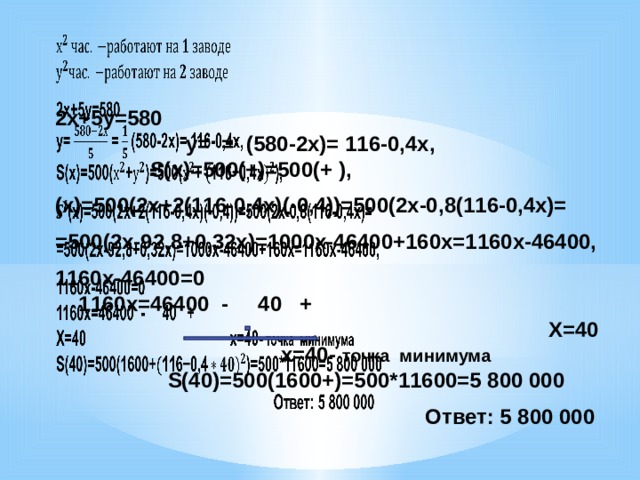     2х+5у=580 у= = (580-2х)= 116-0,4х, S(x)=500(+)=500(+ ), (х)=500(2х+2(116-0,4х)(-0,4))=500(2х-0,8(116-0,4х)= =500(2х-92,8+0,32х)=1000х-46400+160х=1160х-46400, 1160х-46400=0 1160х=46400 - 40 + Х=40 х=40- точка минимума S(40)=500(1600+)=500*11600=5 800 000  Ответ: 5 800 000 
