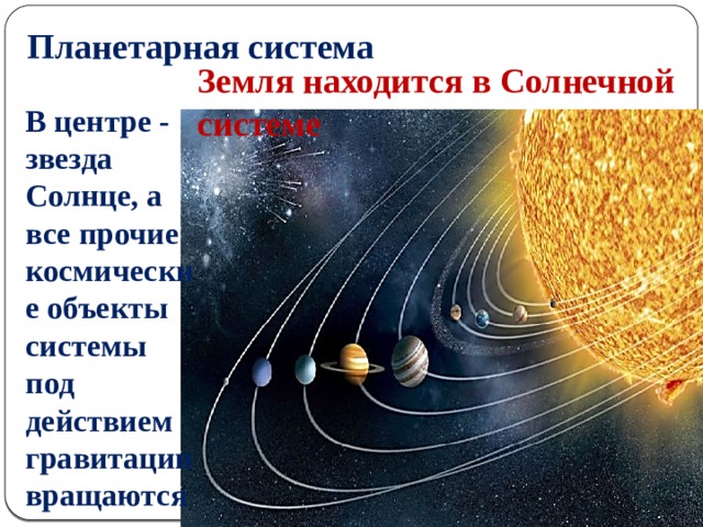 Планетарная система Земля находится в Солнечной системе В центре - звезда Солнце, а все прочие космические объекты системы под действием гравитации вращаются вокруг нее.  