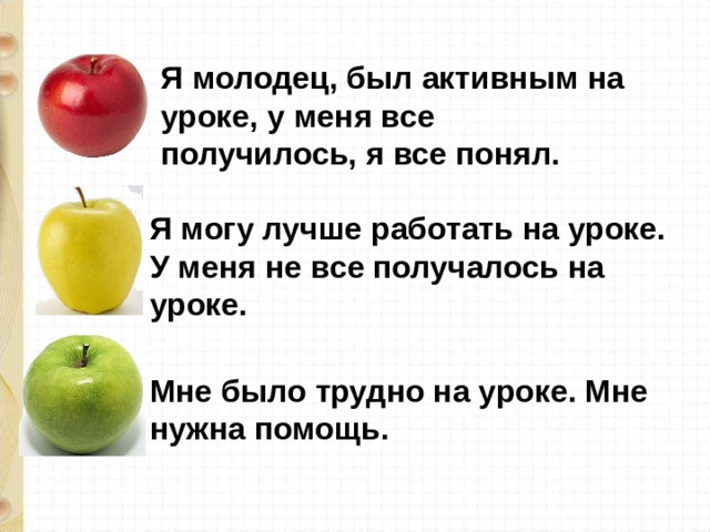 Я молодец, был активным на уроке, у меня все получилось, я все понял. Я могу лучше работать на уроке. У меня не все получалось на уроке. Мне было трудно на уроке. Мне нужна помощь. 
