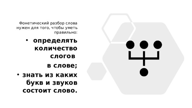 Фонетический разбор слова нужен для того, чтобы уметь правильно: определять количество слогов в слове; знать из каких букв и звуков состоит слово. 