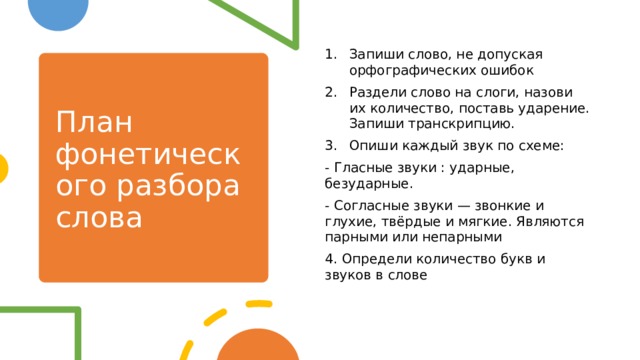 Запиши слово, не допуская орфографических ошибок Раздели слово на слоги, назови их количество, поставь ударение. Запиши транскрипцию. Опиши каждый звук по схеме: - Гласные звуки : ударные, безударные. - Согласные звуки — звонкие и глухие, твёрдые и мягкие. Являются парными или непарными 4. Определи количество букв и звуков в слове План фонетического разбора слова 