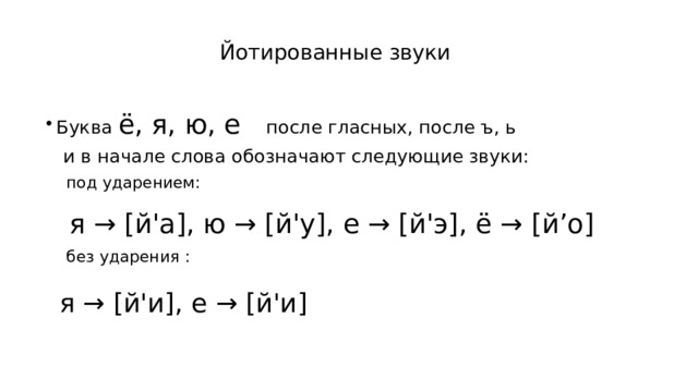 Йотированные звуки Буква ё, я, ю, е после гласных, после ъ, ь и в начале слова обозначают следующие звуки: под ударением: я → [й'а], ю → [й'у], е → [й'э], ё → [й’о] без ударения : я → [й'и], е → [й'и] 