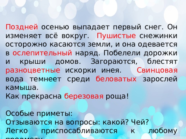 Поздней осенью выпадает первый снег. Он изменяет всё вокруг. Пушистые снежинки осторожно касаются земли, и она одевается в ослепительный наряд. Побелели дорожки и крыши домов. Загораются, блестят разноцветные искорки инея. Свинцовая вода темнеет среди беловатых зарослей камыша. Как прекрасна березовая роща! Особые приметы: Отзываются на вопросы: какой? Чей? Легко приспосабливаются к любому предмету. 