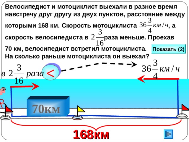 Велосипедист и мотоциклист выехали в разное время навстречу друг другу из двух пунктов, расстояние между  которыми 168 км. Скорость мотоциклиста , а  скорость велосипедиста в раза меньше. Проехав  70 км, велосипедист встретил мотоциклиста. На сколько раньше мотоциклиста он выехал?  Показать (2)  Г.В. Дорофеев, Л.Г. Петерсон, 5 класс (часть 2). №38 3 . Сделайте клик по кнопке «Показать» ( 2 раза)  Ответ: велосипедист выехал раньше мотоциклиста на 1,5 ч.  70 км  168 км  18 