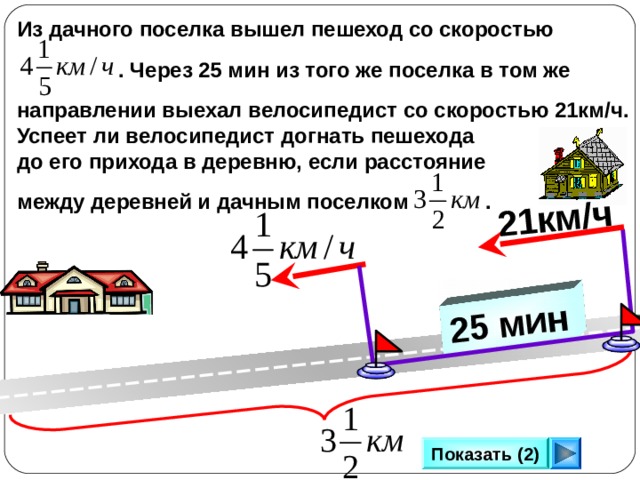 25 мин 21км/ч Из дачного поселка вышел пешеход со скоростью   . Через 25 мин из того же поселка в том же  направлении выехал велосипедист со скоростью 21км/ч. Успеет ли велосипедист догнать пешехода до его прихода в деревню, если расстояние  между деревней и дачным поселком . Г.В. Дорофеев, Л.Г. Петерсон, 5 класс (часть 2). № 384. Сделайте клик по кнопке «Показать» ( 2 раза)  Показать (2) 20 