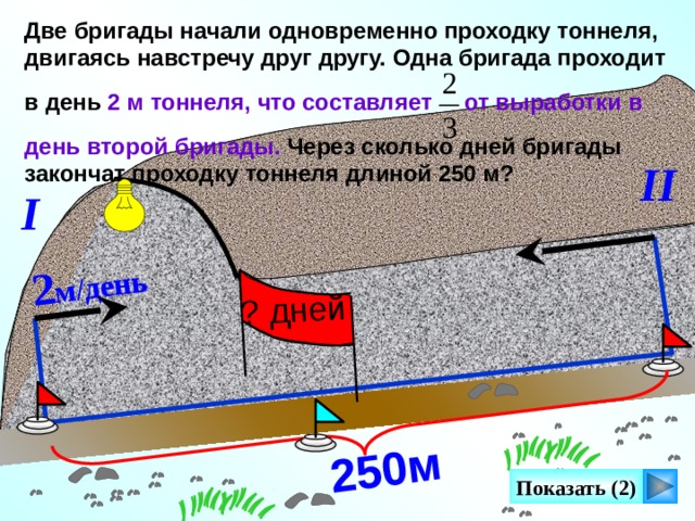 2 м/день ? дней 250м Две бригады начали одновременно проходку тоннеля, двигаясь навстречу друг другу. Одна бригада проходит  в день 2 м тоннеля, что составляет от выработки в  день второй бригады. Через сколько дней бригады закончат проходку тоннеля длиной 250 м? II I Г.В. Дорофеев, Л.Г. Петерсон, 5 класс (часть 2). №510. . Сделайте клик по кнопке «Показать» ( 2 раза)  Показать (2) 14 