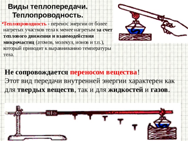 Виды теплопередачи. Теплопроводность. Теплопроводность - перенос энергии от более нагретых участков тела к менее нагретым за счет теплового движения и взаимодействия микрочастиц (атомов, молекул, ионов и т.п.), который приводит к выравниванию температуры тела.    Не сопровождается переносом вещества ! Этот вид передачи внутренней энергии характерен как для твердых веществ , так и для жидкостей и газов .   