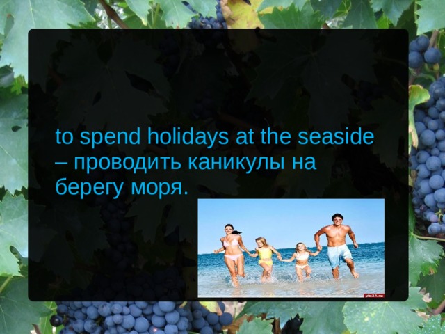 to spend holidays at the seaside – проводить каникулы на берегу моря. 