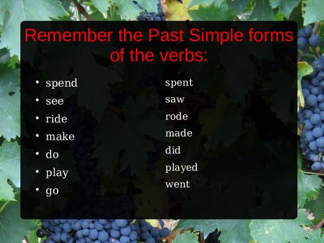 Remember the Past Simple forms of the verbs: spend see ride make do play go spent saw rode made did played went  
