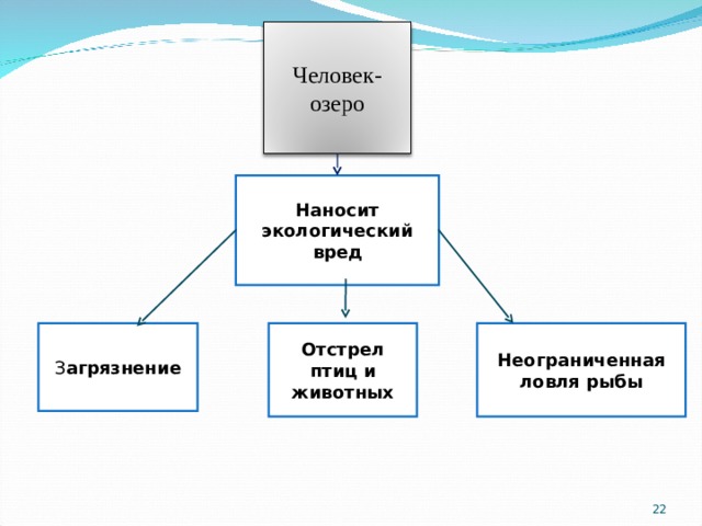 Человек-озеро Наносит экологический вред З агрязнение Неограниченная ловля рыбы Отстрел птиц и животных 21 