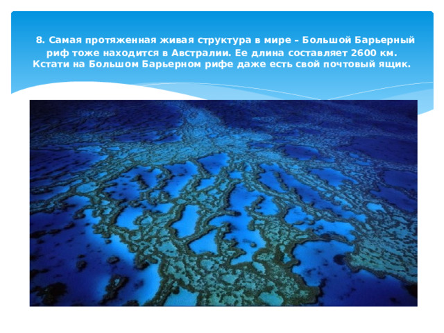   8. Самая протяженная живая структура в мире – Большой Барьерный риф тоже находится в Австралии. Ее длина составляет 2600 км. Кстати на Большом Барьерном рифе даже есть свой почтовый ящик. 