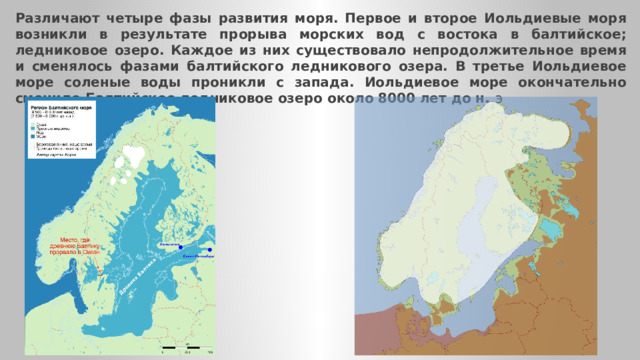 Различают четыре фазы развития моря. Первое и второе Иольдиевые моря возникли в результате прорыва морских вод с востока в балтийское; ледниковое озеро. Каждое из них существовало непродолжительное время и сменялось фазами балтийского ледникового озера. В третье Иольдиевое море соленые воды проникли с запада. Иольдиевое море окончательно сменило Балтийское ледниковое озеро около 8000 лет до н. э 