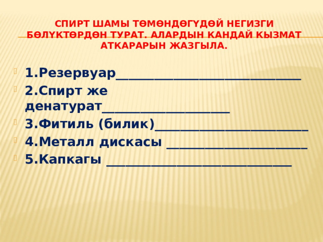 Спирт шамы төмөндөгүдөй негизги бөлүктөрдөн турат. Алардын кандай кызмат аткарарын жазгыла. 1.Резервуар_____________________________ 2.Спирт же денатурат____________________ 3.Фитиль (билик)________________________ 4.Металл дискасы ______________________ 5.Капкагы _____________________________ 