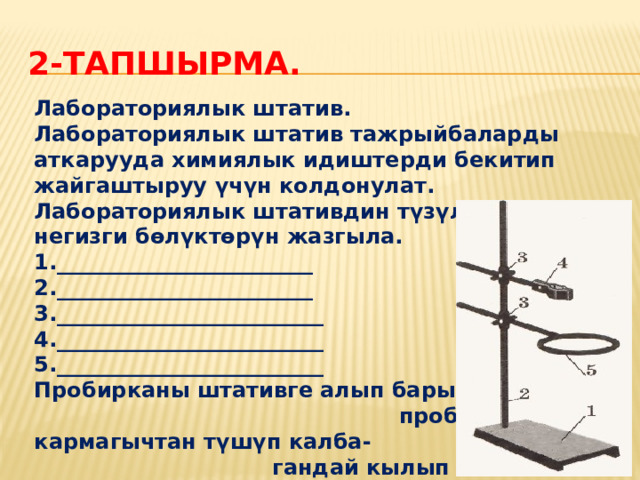 2-тапшырма. Лабораториялык штатив. Лабораториялык штатив тажрыйбаларды аткарууда химиялык идиштерди бекитип жайгаштыруу үчүн колдонулат. Лабораториялык штативдин түзүлүшүн көрүп, негизги бөлүктөрүн жазгыла. 1.________________________ 2.________________________ 3._________________________ 4._________________________ 5._________________________ Пробирканы штативге алып барып пробирка кармагычтан түшүп калба- гандай кылып жайгаштырууну үйрөн- гүлө. 