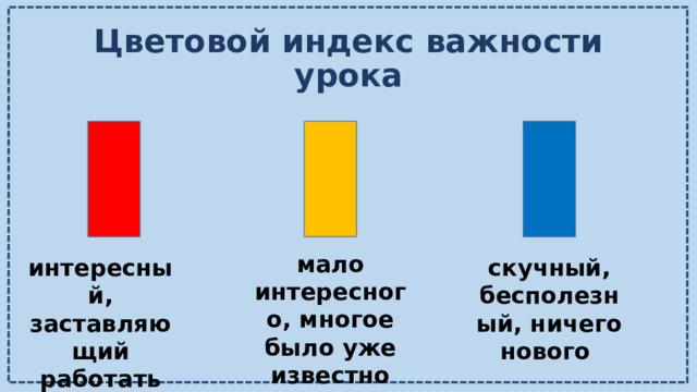 Цветовой индекс важности урока мало интересного, многое было уже известно интересный, заставляющий работать скучный, бесполезный, ничего нового 