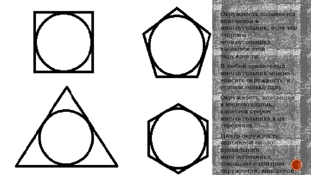 Окружность называется вписанной в многоугольник, если все стороны многоугольника касаются этой окружности. В любой правильный многоугольник можно вписать окружность, и притом только одну. Окружность, вписанная в многоугольник, касается сторон многоугольника в их серединах. Центр окружности, описанной около правильного многоугольника, совпадает с центром окружности, вписанной в этот многоугольник. 