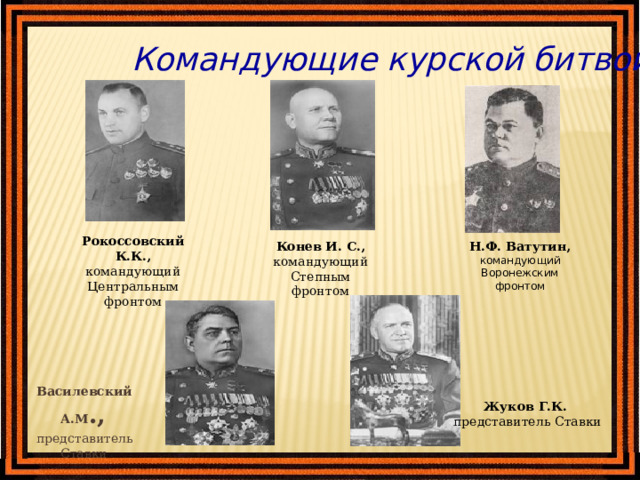 Командующие курской битвой Рокоссовский К.К., командующий Центральным фронтом Н.Ф. Ватутин, командующий Воронежским фронтом Конев И. С., командующий Степным фронтом Василевский А.М ., представитель Ставки Жуков Г.К.  представитель  Ставки 