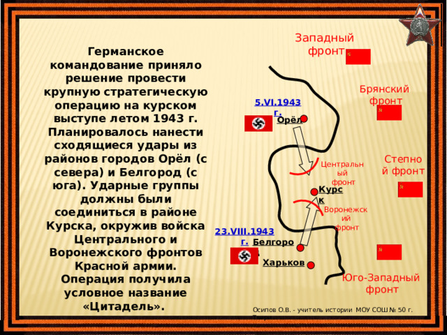 Западный фронт Германское командование приняло решение провести крупную стратегическую операцию на курском выступе летом 1943 г. Планировалось нанести сходящиеся удары из районов городов Орёл (с севера) и Белгород (с юга). Ударные группы должны были соединиться в районе Курска, окружив войска Центрального и Воронежского фронтов Красной армии. Операция получила условное название «Цитадель». Брянский фронт 5.VI.1943г. Орёл Степной фронт Центральный  фронт Курск Воронежский  фронт 23.VIII.1943г. Белгород Харьков Юго-Западный фронт Осипов О.В. - учитель истории МОУ СОШ № 50 г. Твери 