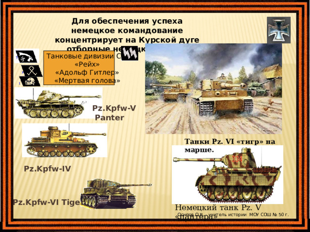 Для обеспечения успеха немецкое командование концентрирует на Курской дуге отборные немецкие части. Танковые дивизии СС «Рейх» «Адольф Гитлер» «Мертвая голова» Pz.Kpfw-V  Panter Танки Pz. VI «тигр» на марше. Pz.Kpfw-IV Pz.Kpfw-VI Tiger Немецкий танк Pz. V «пантера» Осипов О.В. - учитель истории МОУ СОШ № 50 г. Твери 