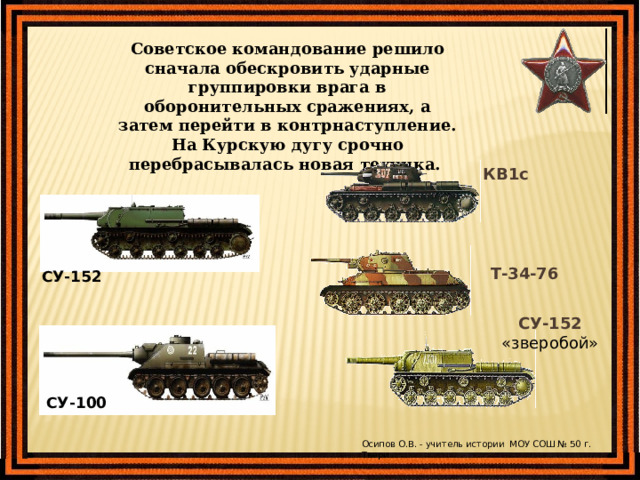 Советское командование решило сначала обескровить ударные группировки врага в оборонительных сражениях, а затем перейти в контрнаступление. На Курскую дугу срочно перебрасывалась новая техника. КВ1с  СУ-152 Т-34-76 СУ-152 «зверобой» СУ-100 Осипов О.В. - учитель истории МОУ СОШ № 50 г. Твери 