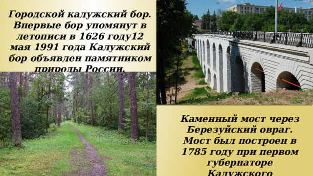 Городской калужский бор. Впервые бор упомянут в летописи в 1626 году12 мая 1991 года Калужский бор объявлен памятником природы России. Каменный мост через Березуйский овраг. Мост был построен в 1785 году при первом губернаторе Калужского наместничества Кречетникове.