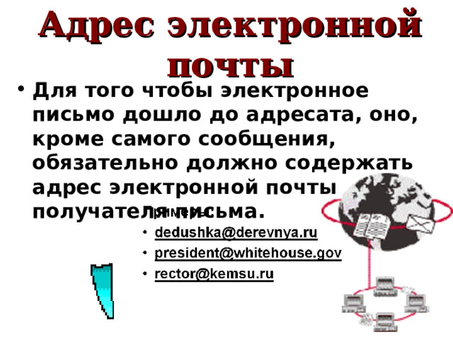 Адрес электронной почты Для того чтобы электронное письмо дошло до адресата, оно, кроме самого сообщения, обязательно должно содержать адрес электронной почты получателя письма. 