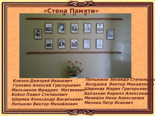  «Стена Памяти»  Попыкина Зинаида Степановна  Богданов Виктор Михайлович  Ширяева Мария Григорьевна Балахнин Кирилл Алексеевич Миняйло Нина Алексеевна Михеев Петр Исаевич       Князев Дмитрий Иванович  Головко Алексей Григорьевич Мельников Фридрих Матвеевич Бойко Павел Степанович Ширяев Александр Васильевич Попыкин Виктор Михайлович     