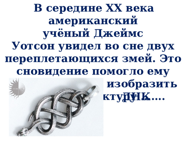   В середине XX века американский учёный Джеймс Уотсон увидел во сне двух переплетающихся змей. Это сновидение помогло ему первым в мире изобразить форму и структуру ……. ДНК 