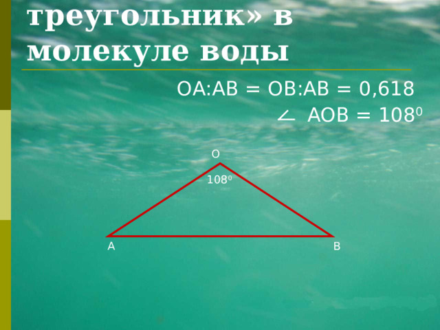 «Золотой треугольник» в молекуле воды ОА:АВ = ОВ:АВ = 0,618 АОВ = 108 0 О 108 0 А В 
