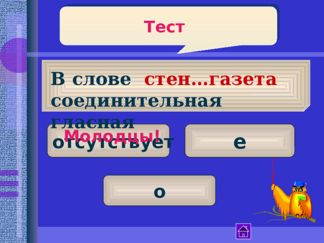 Тест  В слове стен…газета соединительная гласная отсутствует е Молодцы! о