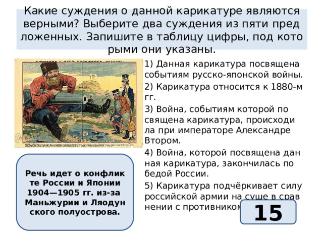 какие суж­де­ния о дан­ной ка­ри­ка­ту­ре яв­ля­ют­ся вер­ны­ми? вы­бе­ри­те два суж­де­ния из пяти пред­ло­жен­ных. за­пи­ши­те в таб­ли­цу цифры, под ко­то­ры­ми они ука­за­ны. 1) дан­ная ка­ри­ка­ту­ра по­свя­ще­на со­бы­ти­ям рус­ско-япон­ской войны. 2) ка­ри­ка­ту­ра от­но­сит­ся к 1880-м гг. 3) война, со­бы­ти­ям ко­то­рой по­свя­ще­на ка­ри­ка­ту­ра, про­ис­хо­ди­ла при им­пе­ра­то­ре алек­сан­дре вто­ром. 4) война, ко­то­рой по­свя­ще­на дан­ная ка­ри­ка­ту­ра, за­кон­чи­лась по­бе­дой рос­сии. 5) ка­ри­ка­ту­ра подчёрки­ва­ет силу рос­сий­ской армии на суше в срав­не­нии с про­тив­ни­ком. речь идет о кон­флик­те рос­сии и япо­нии 1904—1905 гг. из-за ма­нь­жу­рии и ляо­дун­ско­го по­лу­ост­ро­ва. 15 