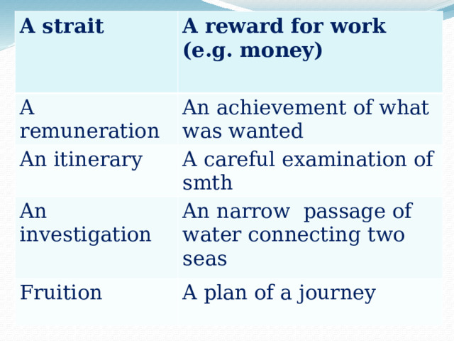 A strait A reward for work (e.g. money) A remuneration An achievement of what was wanted An itinerary A careful examination of smth An investigation An narrow passage of water connecting two seas Fruition A plan of a journey