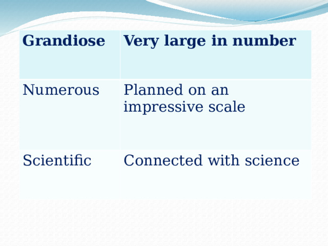 Grandiose Very large in number Numerous Planned on an impressive scale Scientific Connected with science