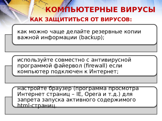 КОМПЬЮТЕРНЫЕ ВИРУСЫ КАК ЗАЩИТИТЬСЯ ОТ ВИРУСОВ: как можно чаще делайте резервные копии важной информации (backup); используйте совместно с антивирусной программой файервол (firewall) если компьютер подключен к Интернет; настройте браузер (программа просмотра Интернет страниц – IE, Opera и т.д.) для запрета запуска активного содержимого html-страниц.  