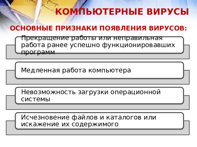 КОМПЬЮТЕРНЫЕ ВИРУСЫ ОСНОВНЫЕ ПРИЗНАКИ ПОЯВЛЕНИЯ ВИРУСОВ: Прекращение работы или неправильная работа ранее успешно функционировавших программ Медленная работа компьютера Невозможность загрузки операционной системы Исчезновение файлов и каталогов или искажение их содержимого  