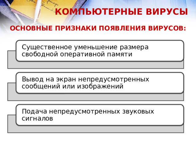 КОМПЬЮТЕРНЫЕ ВИРУСЫ ОСНОВНЫЕ ПРИЗНАКИ ПОЯВЛЕНИЯ ВИРУСОВ: Существенное уменьшение размера свободной оперативной памяти Вывод на экран непредусмотренных сообщений или изображений Подача непредусмотренных звуковых сигналов  