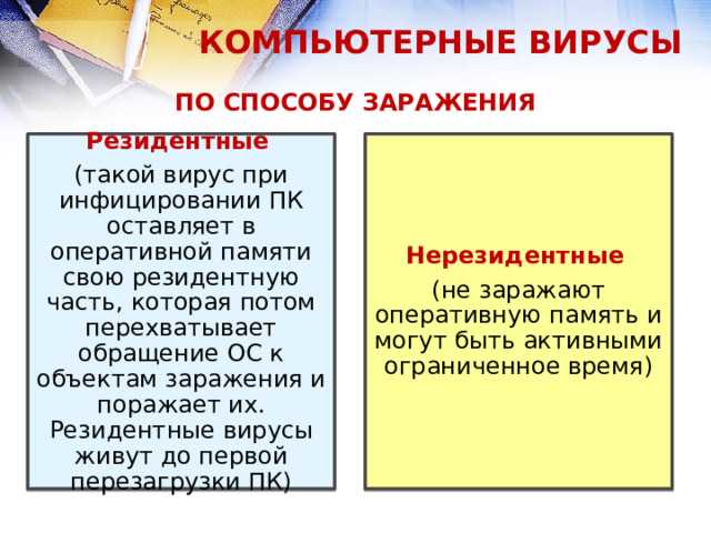 КОМПЬЮТЕРНЫЕ ВИРУСЫ ПО СПОСОБУ ЗАРАЖЕНИЯ Резидентные   Нерезидентные   (такой вирус при инфицировании ПК оставляет в оперативной памяти свою резидентную часть, которая потом перехватывает обращение ОС к объектам заражения и поражает их. Резидентные вирусы живут до первой перезагрузки ПК) (не заражают оперативную память и могут быть активными ограниченное время)  