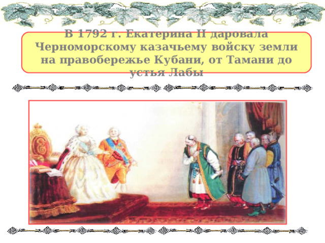В 1792 г. Екатерина II даровала Черноморскому казачьему войску земли на правобережье Кубани, от Тамани до устья Лабы 