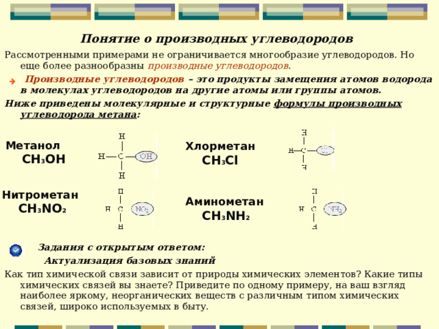 Понятие о производных углеводородов  Рассмотренными примерами не ограничивается многообразие углеводородов. Но еще более разнообразны производные углеводородов .  Производные углеводородов – это продукты замещения атомов водорода в молекулах углеводородов на другие атомы или группы атомов. Ниже приведены молекулярные и структурные формулы производных углеводорода метана :           Задания с открытым ответом:  Актуализация базовых знаний Как тип химической связи зависит от природы химических элементов? Какие типы химических связей вы знаете? Приведите по одному примеру, на ваш взгляд наиболее яркому, неорганических веществ с различным типом химических связей, широко используемых в быту.   Метанол  СН 3 ОН  Хлорметан  СН 3 Cl Нитрометан  CH 3 NO 2 Аминометан  СН 3 NH 2  