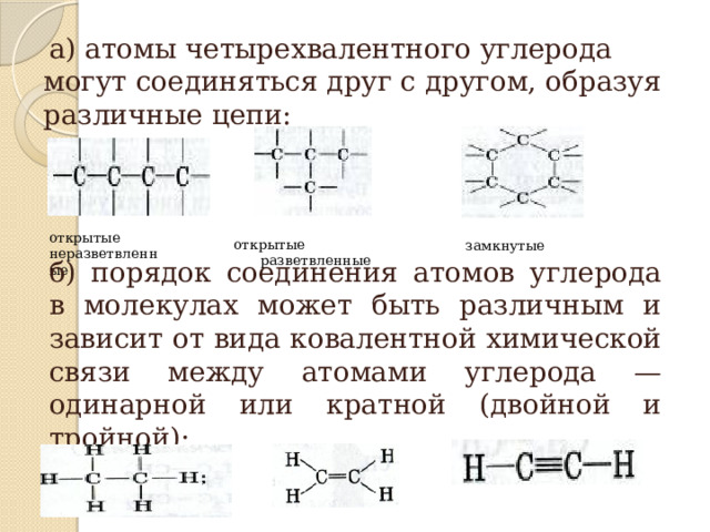 а) атомы четырехвалентного углерода могут соединяться друг с другом, образуя различные цепи: открытые неразветвленные открытые разветвленные замкнутые б) порядок соединения атомов углерода в молекулах может быть различным и зависит от вида ковалентной химической связи между атомами углерода — одинарной или кратной (двойной и тройной): 