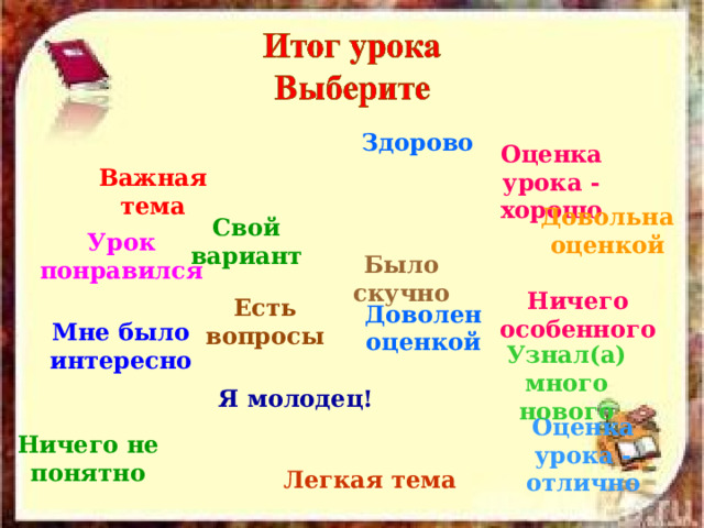 Здорово Оценка урока - хорошо Важная тема Довольна оценкой  Свой вариант Урок понравился Было скучно Ничего особенного Есть вопросы Доволен оценкой Мне было интересно Узнал(а) много нового Я молодец! Оценка урока - отлично Ничего не понятно Легкая тема 