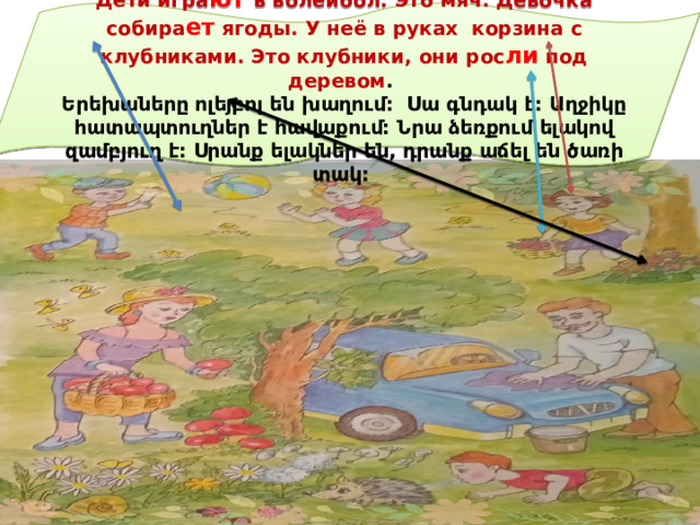 Дети игра ют  в волейбол. Это мяч. Девочка собира ет ягоды. У неё в руках корзина с клубниками. Это клубники, они рос ли под деревом . Երեխաները ոլեյբոլ են խաղում: Սա գնդակ է: Աղջիկը հատապտուղներ է հավաքում: Նրա ձեռքում ելակով զամբյուղ է: Սրանք ելակներ են, դրանք աճել են ծառի տակ:  