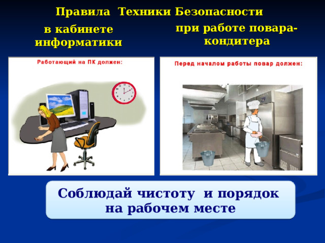 Правила Техники Безопасности   в кабинете информатики при работе повара-кондитера Соблюдай чистоту и порядок на рабочем месте 