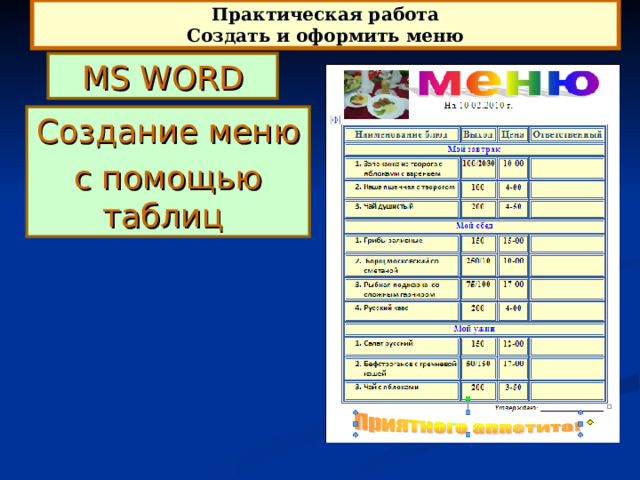 Практическая работа Создать и оформить меню MS WORD Создание меню с помощью таблиц 
