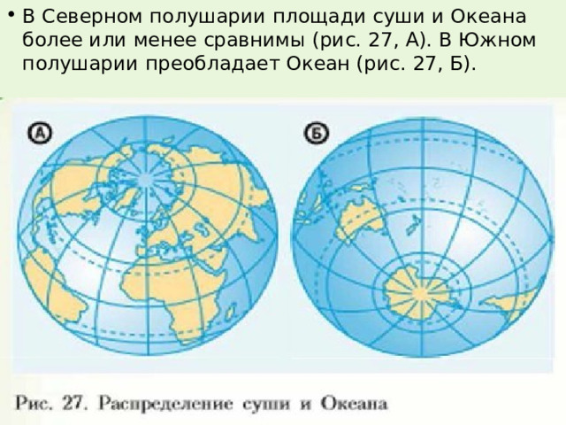 В Северном полушарии площади суши и Океана более или менее сравнимы (рис. 27, А). В Южном полушарии преобладает Океан (рис. 27, Б). 