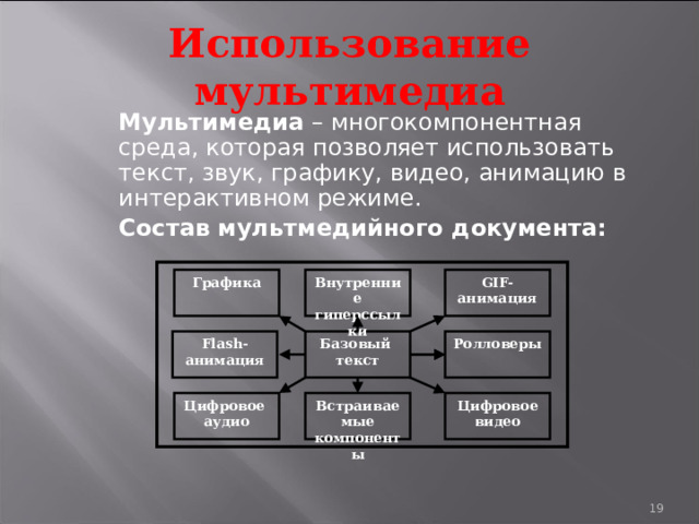 Использование мультимедиа  Мультимедиа – многокомпонентная среда, которая позволяет использовать текст, звук, графику, видео, анимацию в интерактивном режиме.  Состав мультмедийного документа:  GIF-анимация Внутренние гиперссылки Графика Ролловеры Базовый  текст Flash-анимация Цифровое  видео Цифровое  аудио Встраиваемые компоненты 9 