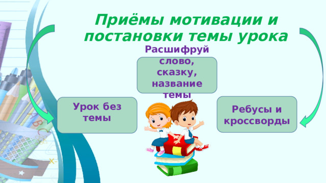 Приёмы мотивации и постановки темы урока Расшифруй слово, сказку, название темы Ребусы и кроссворды Урок без темы 