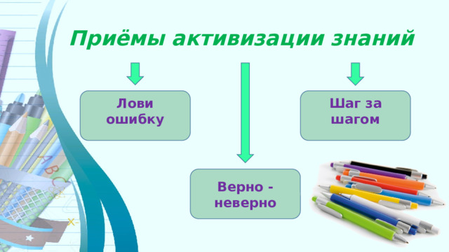 Приёмы активизации знаний Лови ошибку Шаг за шагом Верно - неверно 